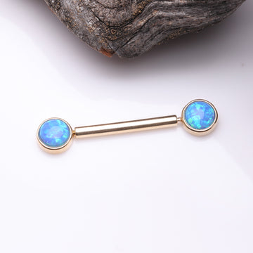 Detail View 1 of A Pair of 14 Karat Gold OneFit Threadless Round Fire Opal Bezel Set Nipple Barbell-Blue Opal
